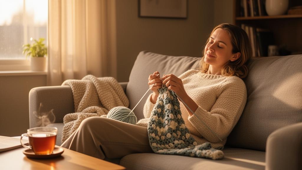 Mulher relaxada no sofá fazendo crochê com expressão serena, luz suave da tarde entrando pela janela, xícara de chá ao lado, transmitindo calma e bem-estar