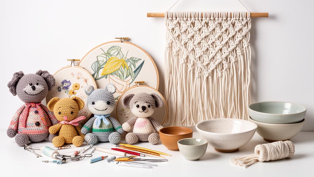 Coleção de artesanatos variados: amigurumis de crochê, bastidores de bordado com flores, painel de macramê, tigelas de cerâmica e ferramentas artesanais organizados sobre superfície branca