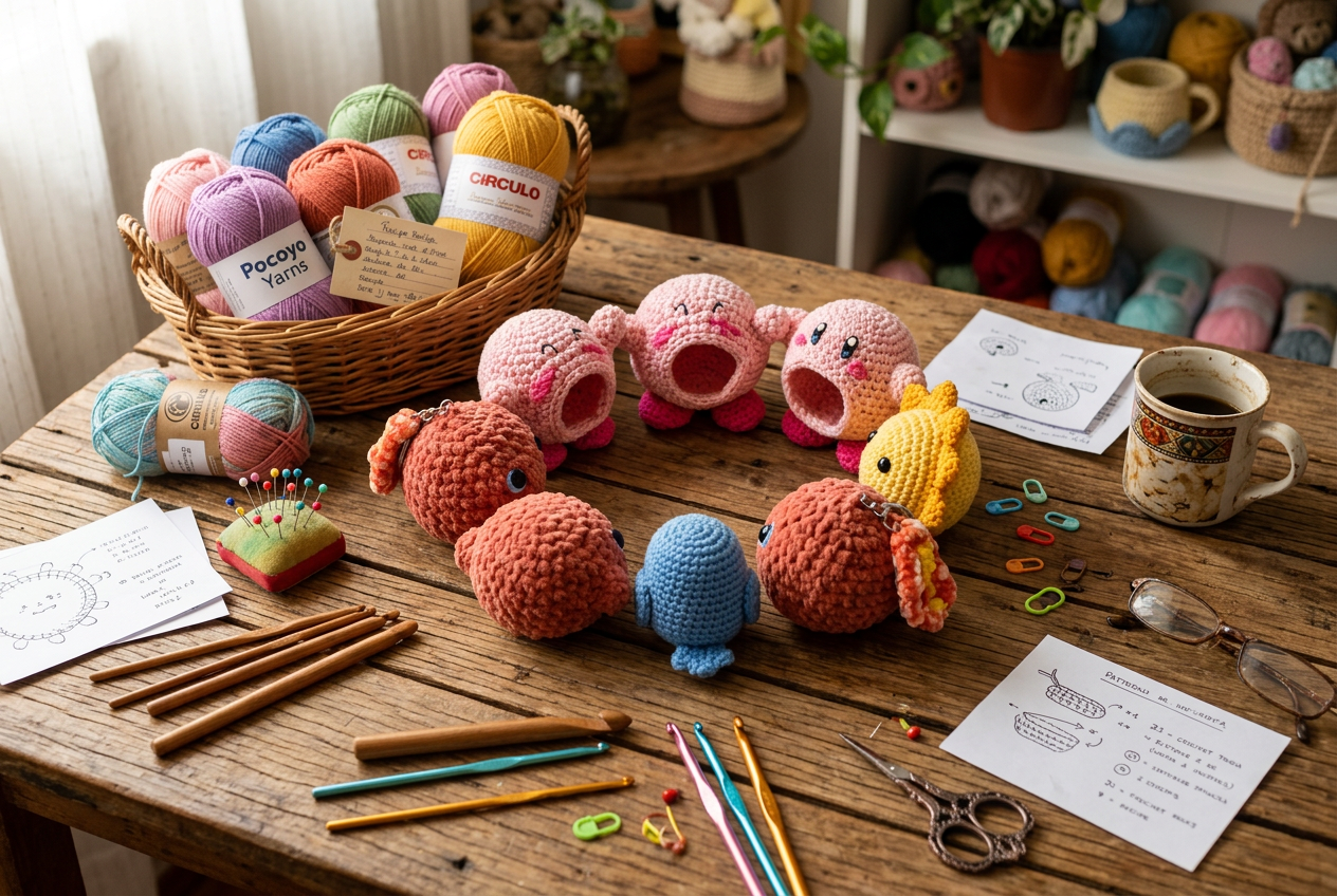 Vários amigurumis de crochê coloridos reunidos em roda com novelos e agulhas de crochê