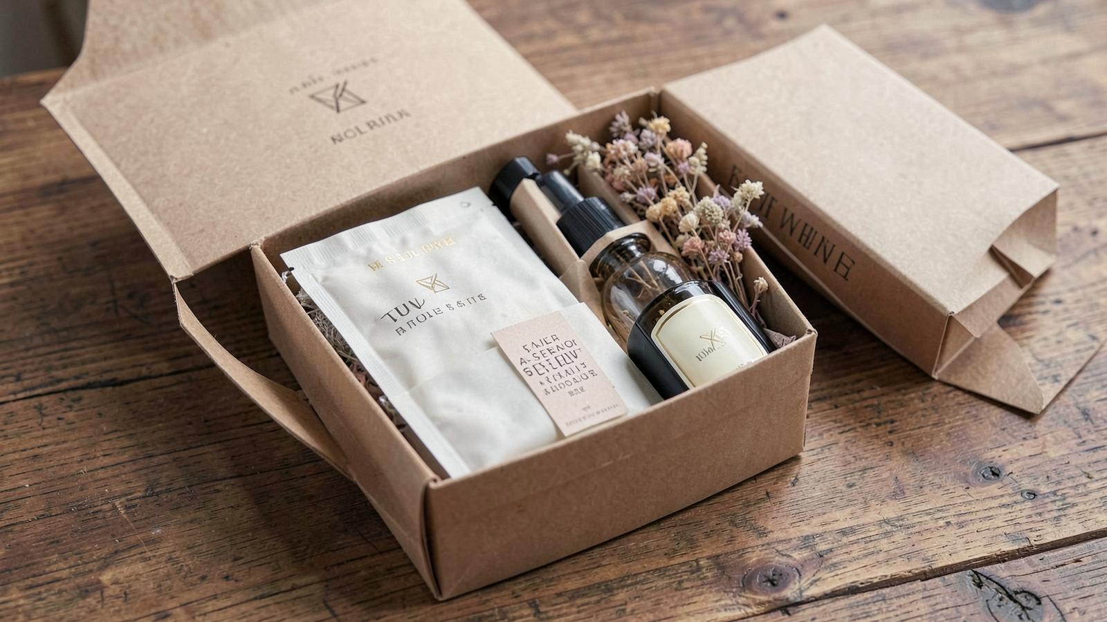 Kit de presente artesanal em caixa kraft com sachê, spray de ambiente, vela e flores secas sobre mesa de madeira