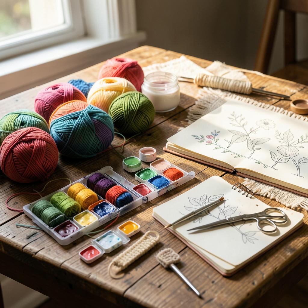 Mesa de madeira com materiais para iniciantes: novelos coloridos, aquarela, linhas de bordado, tesoura e caderno de rascunhos