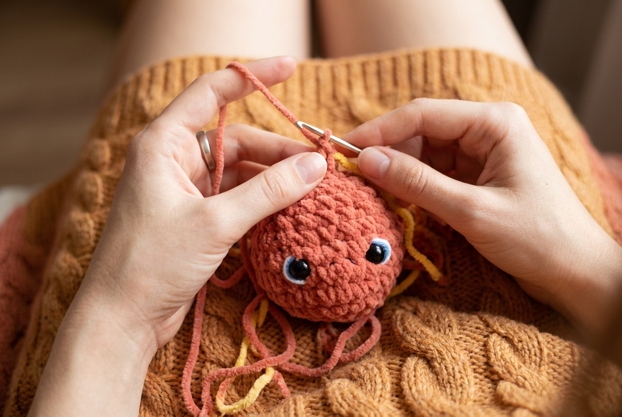 Mãos femininas fazendo um amigurumi de crochê ponto a ponto, com fio e agulha em close
