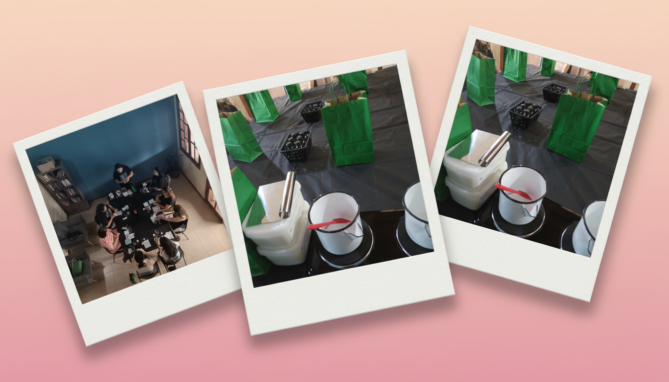 Mulheres reunidas em oficina criativa de crochê com novelos coloridos sobre mesa de madeira