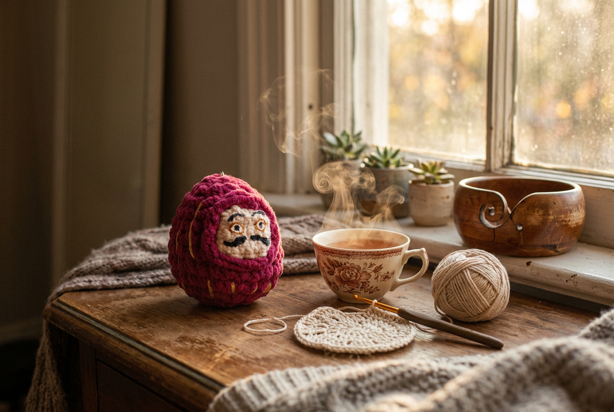 Amigurumi de crochê ao lado de xícara de chá e crochê em andamento junto à janela